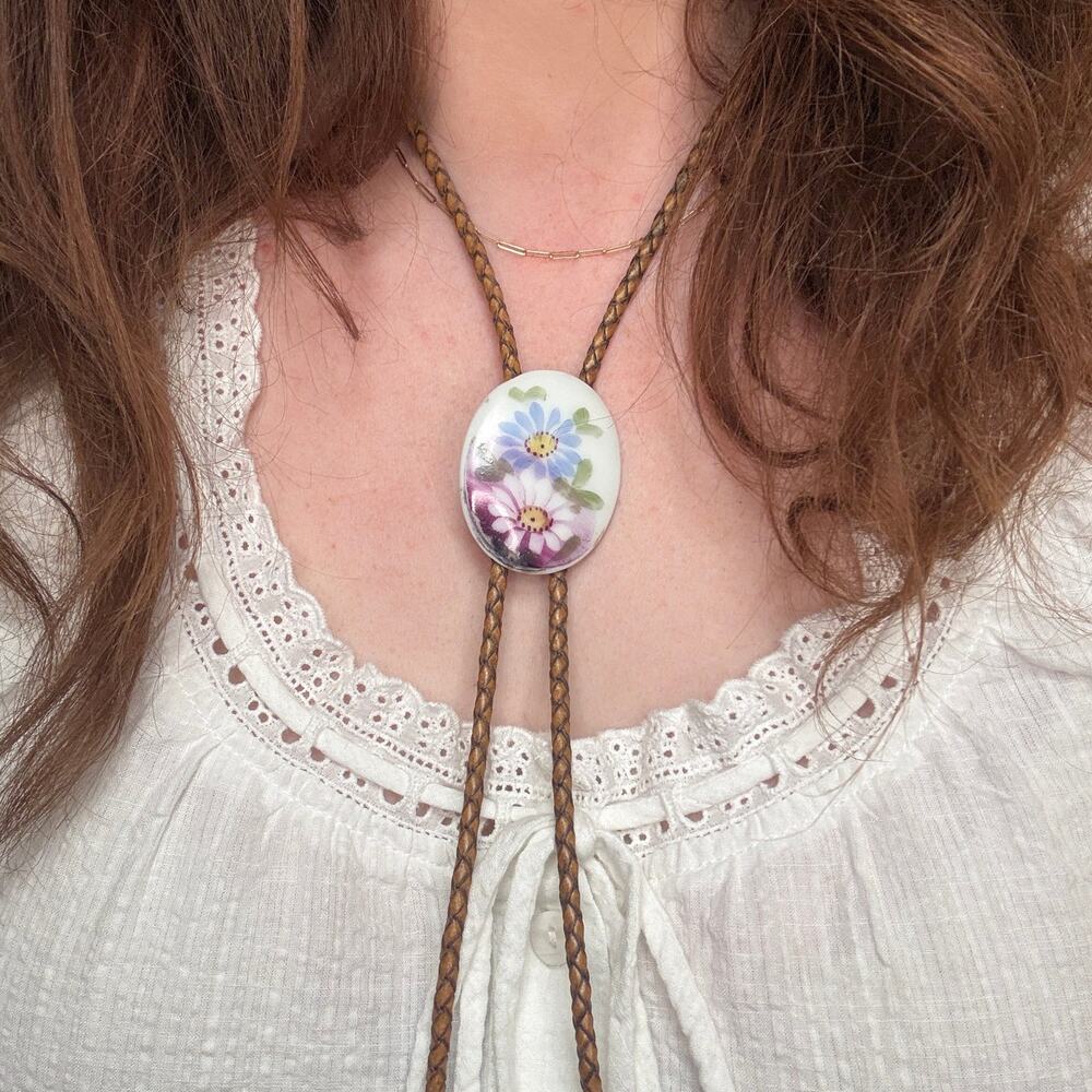 Upcycled Handpainted Floral Bolo Tie